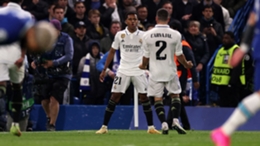 Rodrygo strikes a pose like Cristiano Ronaldo's famous goal celebration after scoring for Real Madrid at Chelsea