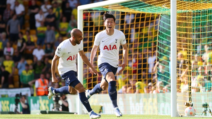 Tottenham's Heung-Min Son (right) celebrates against Norwich