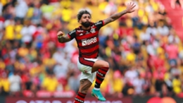 Gabriel Barbosa celebrates scoring the winner of the Copa Libertadores final for Flamengo