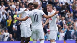 Tottenham Hotspur’s Harry Kane celebrates scoring with Dejan Kulusevski (right) and Emerson Royal (left) (Yui Mok/PA)