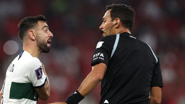 Bruno Fernandes remonstrates with referee Facundo Tello during Portugal's defeat to Morocco