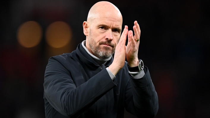 Erik ten Hag applauds the Manchester United supporters after the victory over Fulham