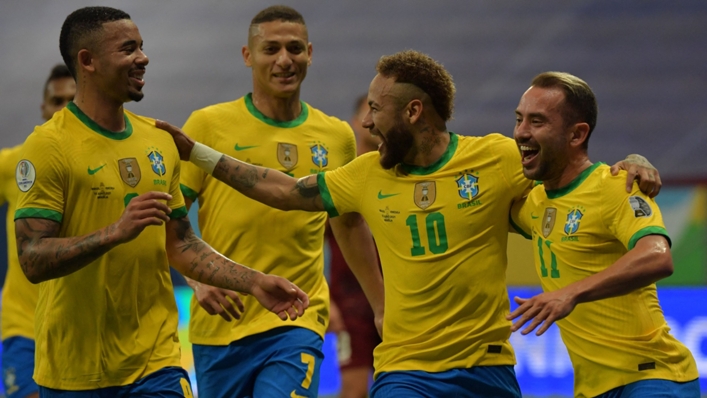 Neymar (second from right) celebrates his penalty in Brazil's Copa America win over Venezuela