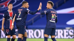 Kylian Mbappe (left) and Neymar celebrate during PSG's win over Reims