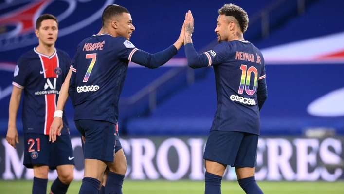 Kylian Mbappe (left) and Neymar celebrate during PSG's win over Reims