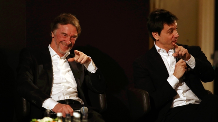 Jim Ratcliffe, pictured with Toto Wolff, wants to buy Manchester United