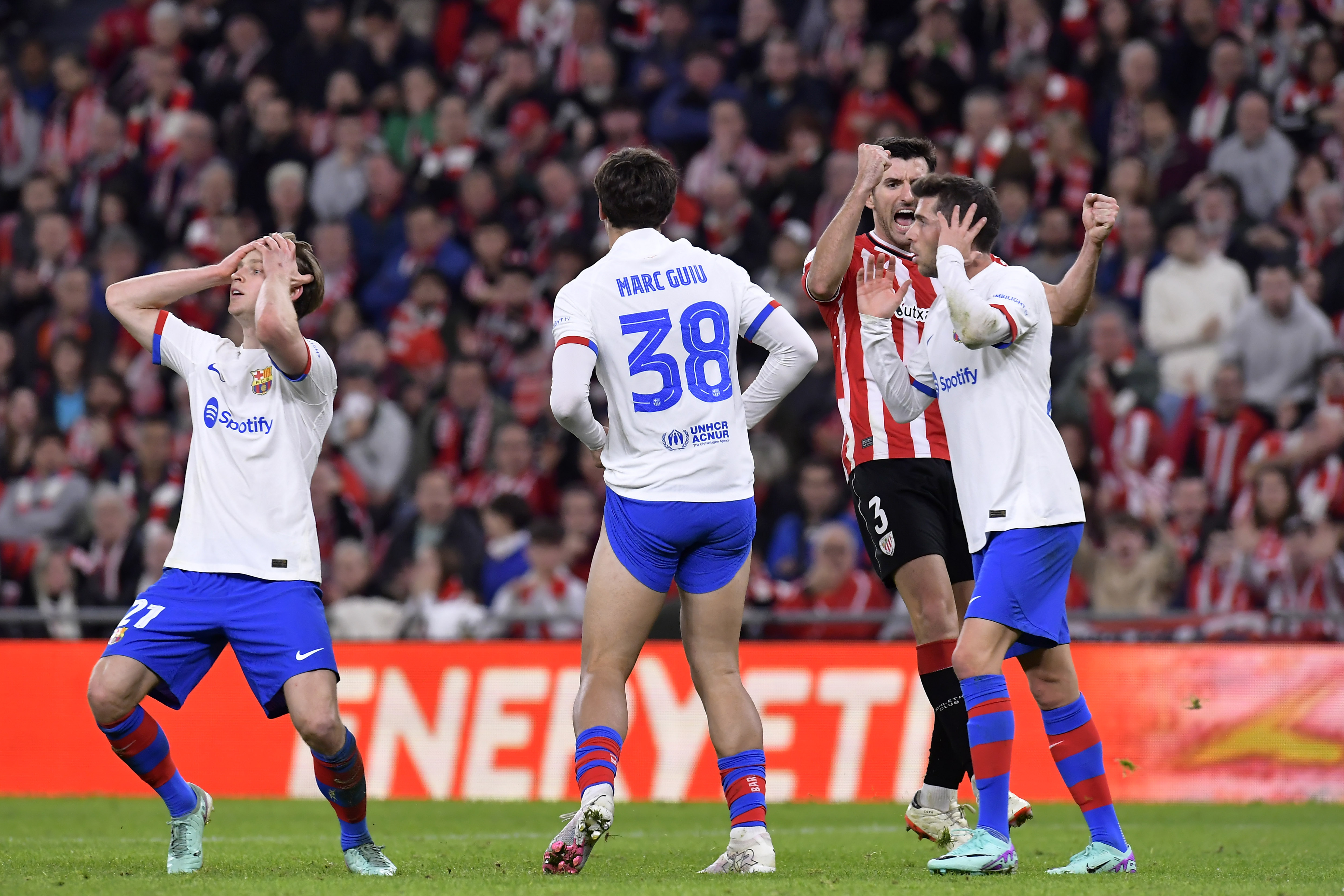 Barcelona players react to an Athletic Bilbao goal