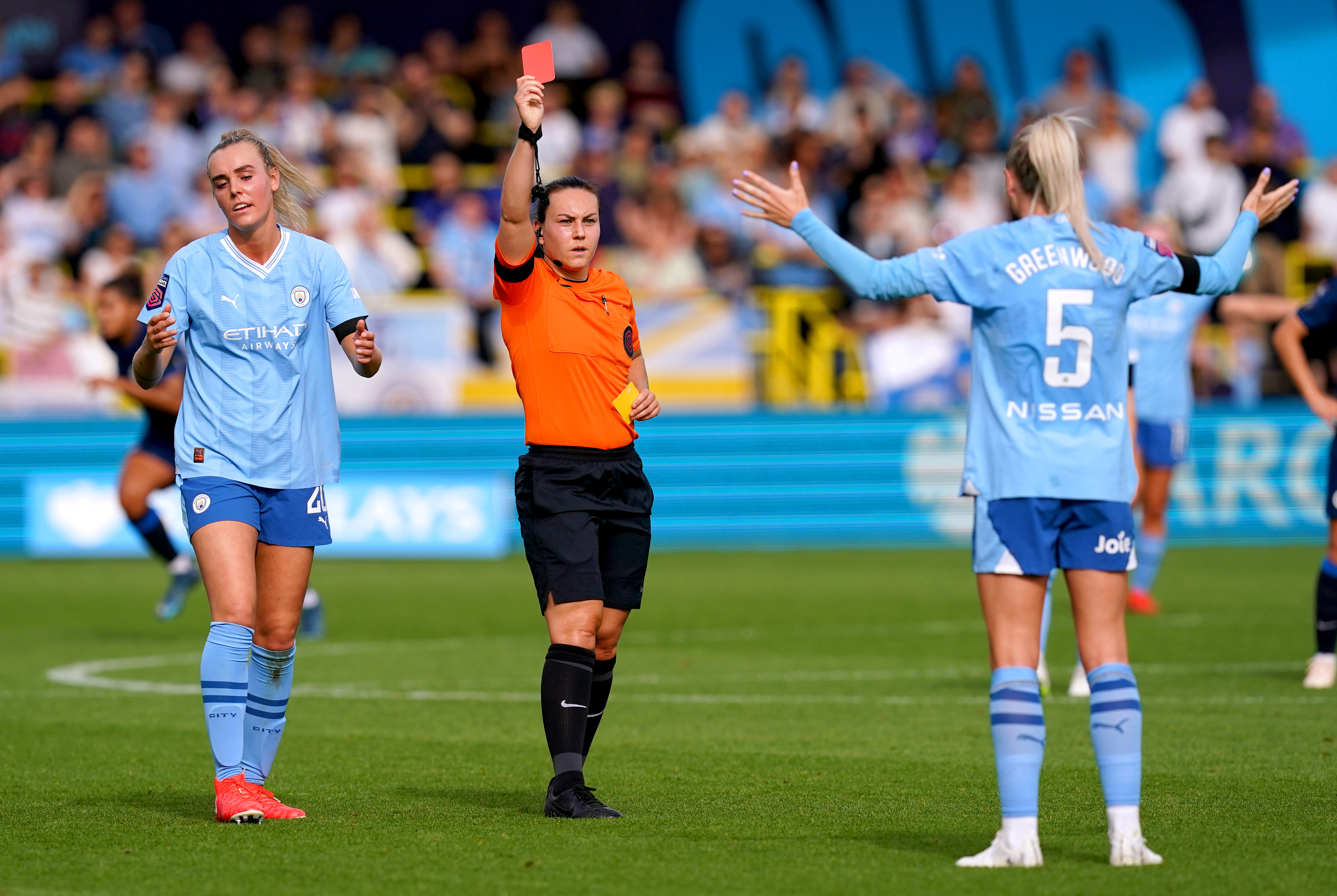 Manchester City captain Alex Greenwood was controversially sent off for time-wasting