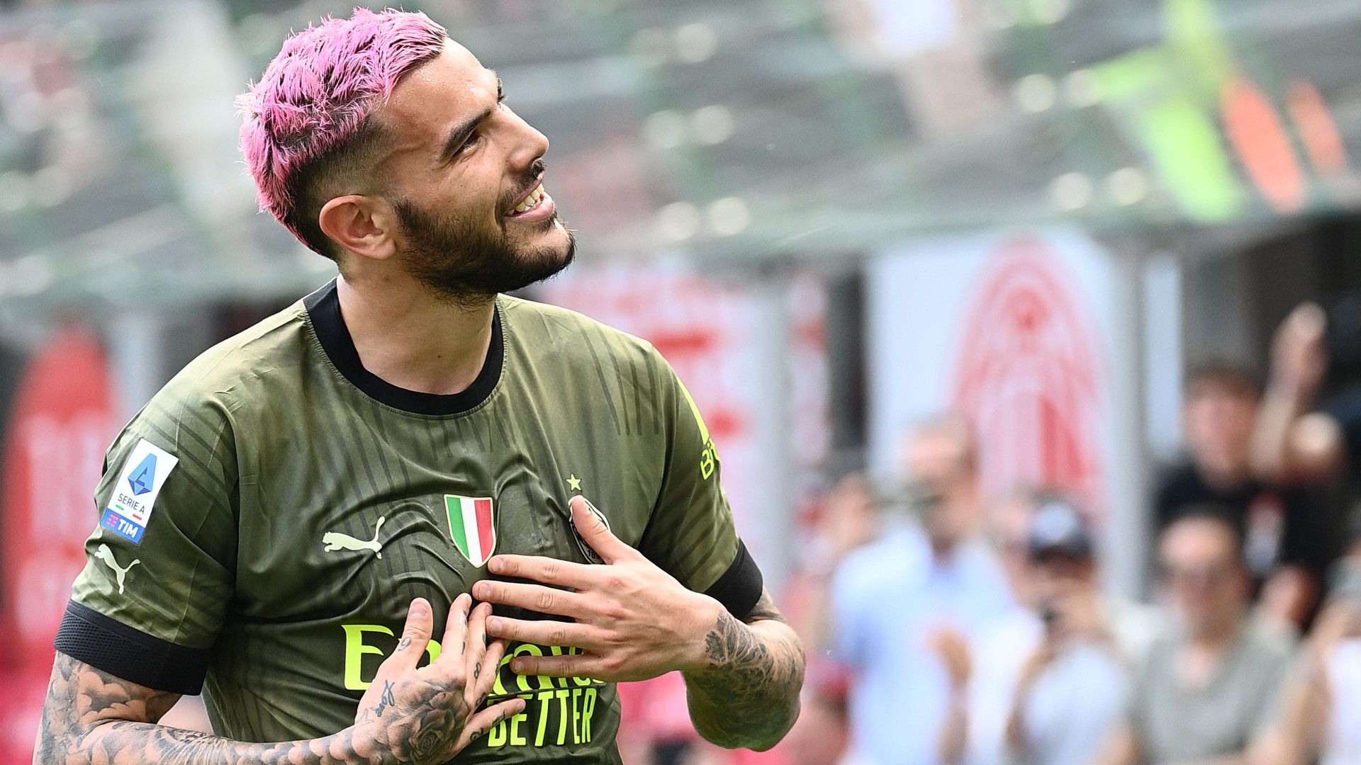 Theo Hernandez celebrates his solo goal against Lazio at San Siro