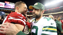 Aaron Rodgers congratulates Nick Bosa after the 49ers' win in the NFC Championship Game two years ago
