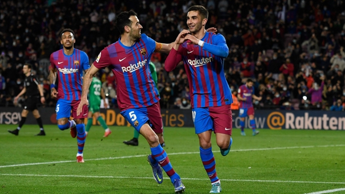 Ferran Torres (right) celebrates a goal during Barcelona's win over Osasuna