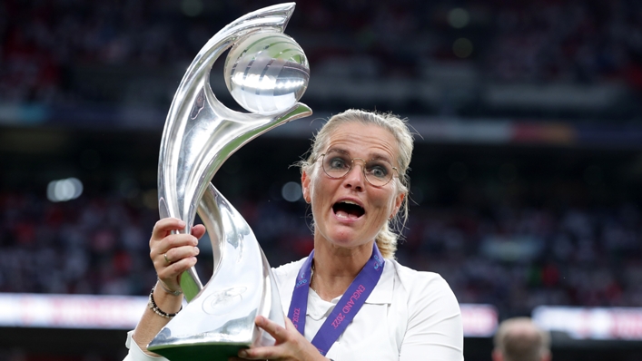 England manager Sarina Wiegman lifting the Women's European Championship for a second time in her career