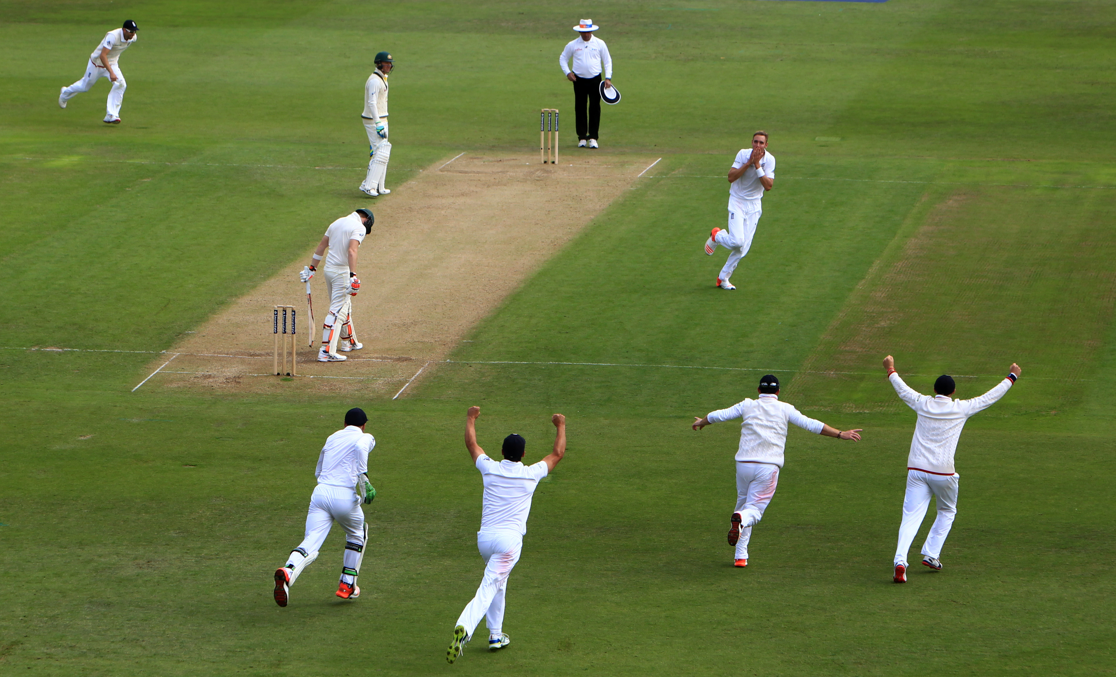 Broad celebrates taking the wicket of Australia’s Steve Smith during day two of the fourth Ashes Test in 2015. He registered career-best figures of eight for 15 at Trent Bridge