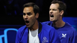Roger Federer and Andy Murray react on day three of the Laver Cup