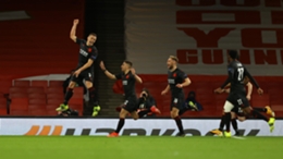 Slavia Prague defender Tomas Holes celebrates his late goal against Arsenal