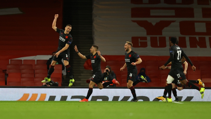 Slavia Prague defender Tomas Holes celebrates his late goal against Arsenal