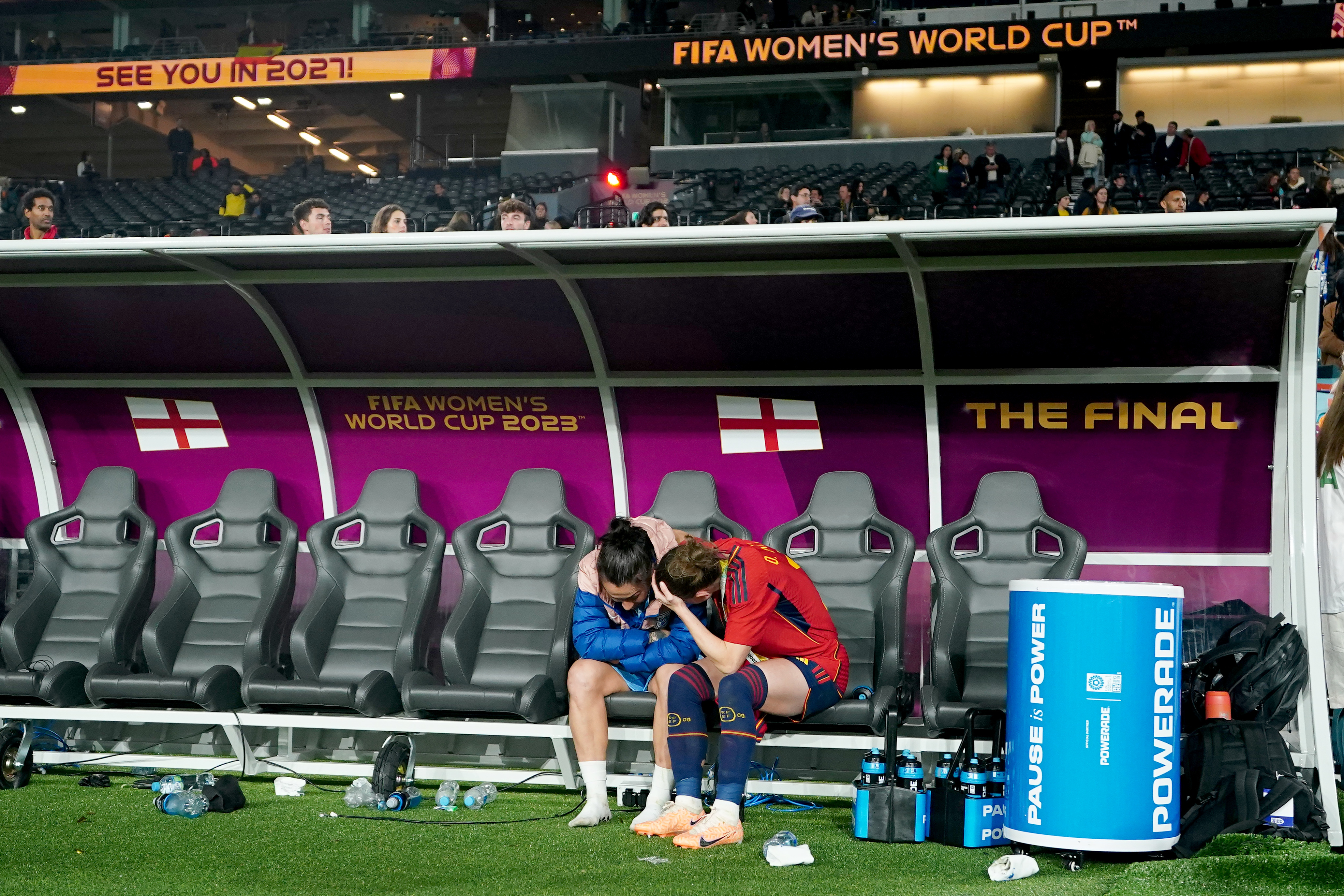 Spain’s Ona Batlle (right) consoles England’s Lucy Bronze