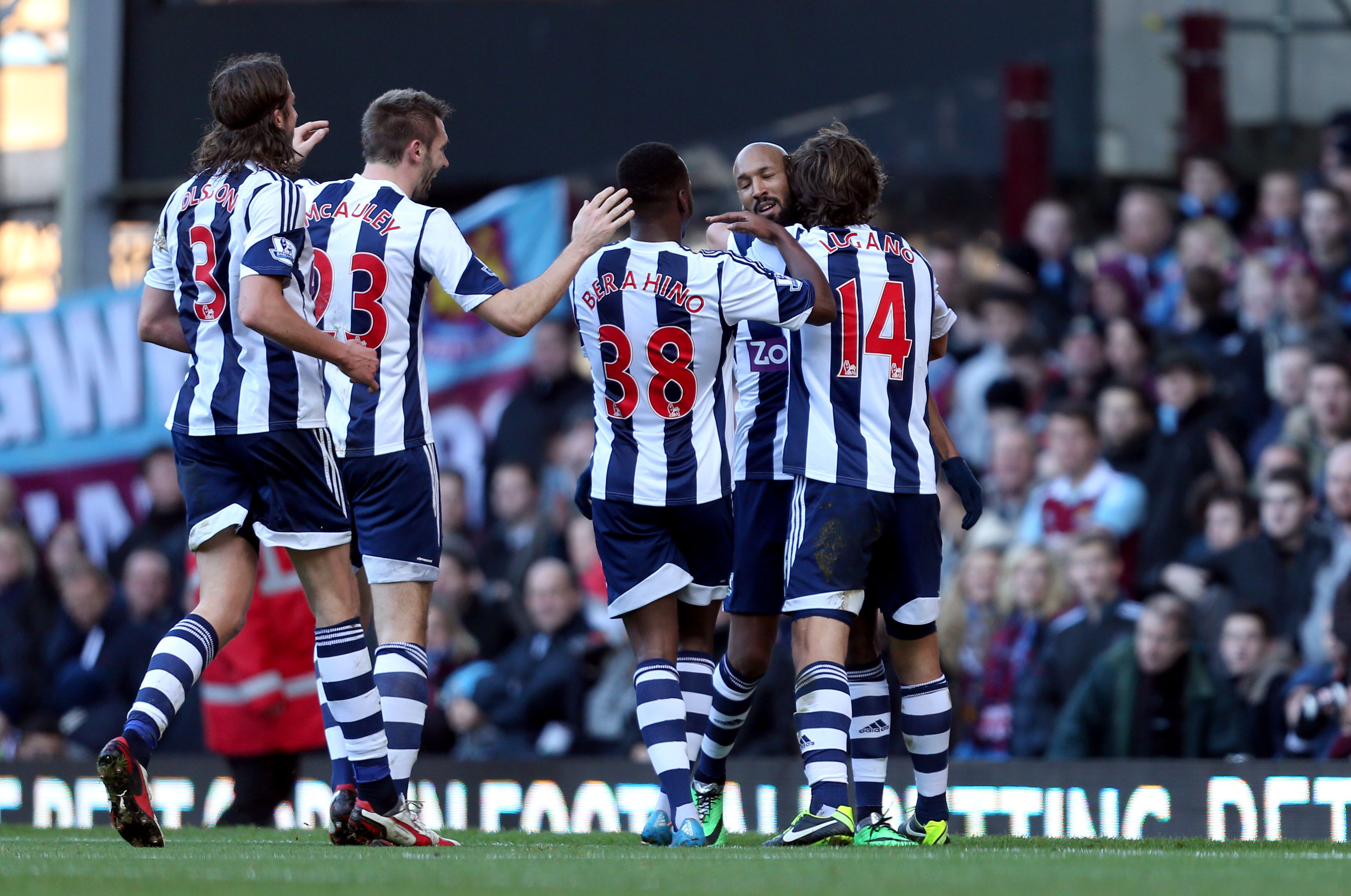 Nicolas Anelka is congratulated by his West Brom team-mates after scoring against West Ham