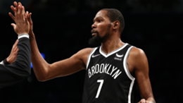 Kevin Durant of the Brooklyn Nets celebrates a basket against the New Orleans Pelicans during their game at Barclays Center