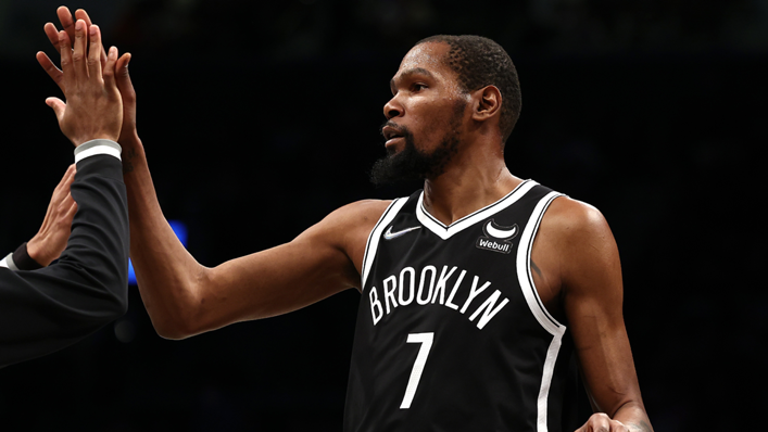 Kevin Durant of the Brooklyn Nets celebrates a basket against the New Orleans Pelicans during their game at Barclays Center