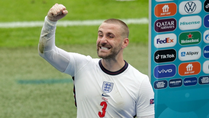 Luke Shaw celebrates England's win over Germany at Wembley