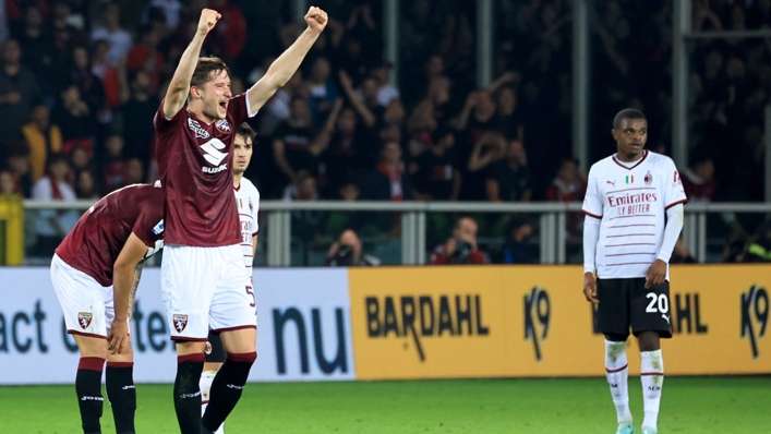 Aleksey Miranchuk celebrates after scoring Torino's second goal against Milan