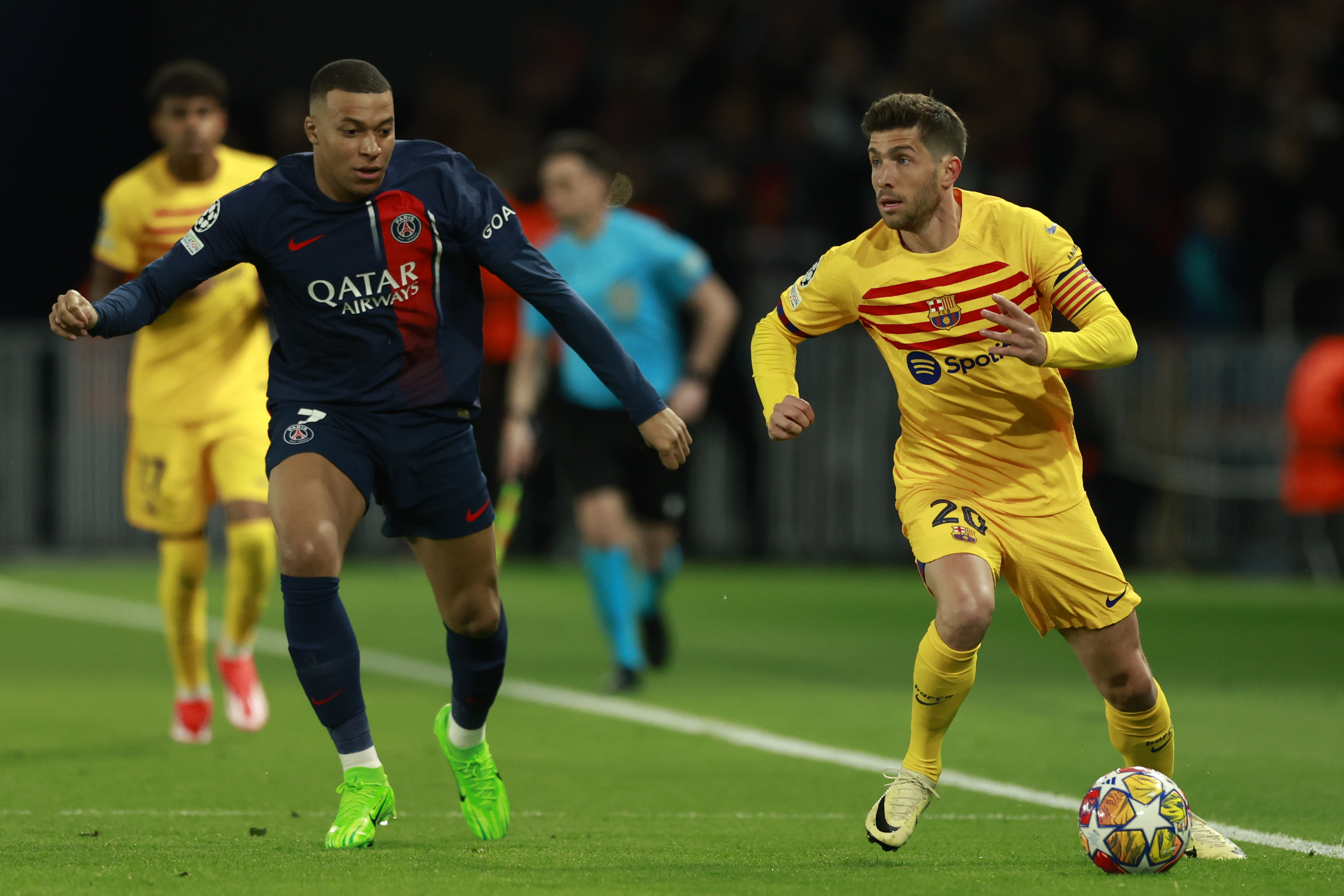 Barcelona’s Sergi Roberto, right, received a costly booking in the first leg against Paris St Germain