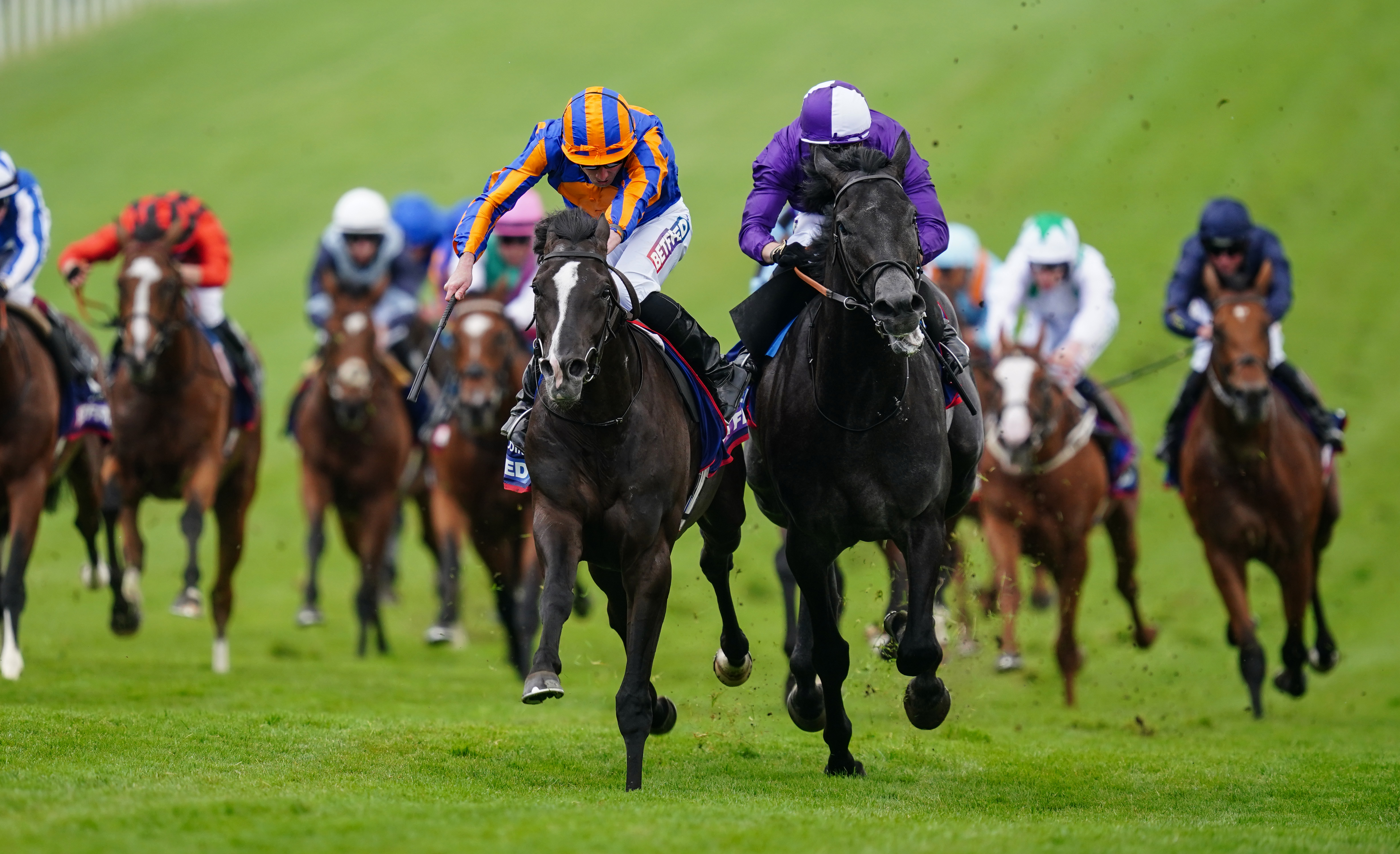 Auguste Rodin (left) and King of Steel (right) fought out the finish of the Betfred Derby at Epsomsom Downs Racecourse