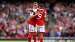 Granit Xhaka and Gabriel Jesus celebrate Arsenal's win over Tottenham