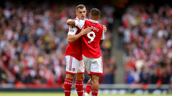 Granit Xhaka and Gabriel Jesus celebrate Arsenal's win over Tottenham