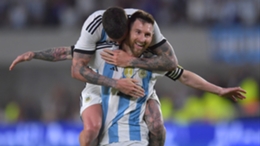 Rodrigo De Paul climbs on Lionel Messi to celebrate his free kick goal against Panama