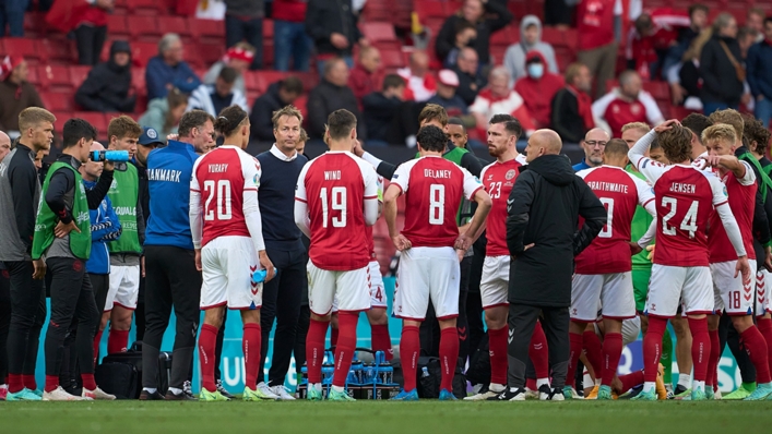 Kasper Hjulmand and his Denmark players following the distressing scenes involving Christian Eriksen