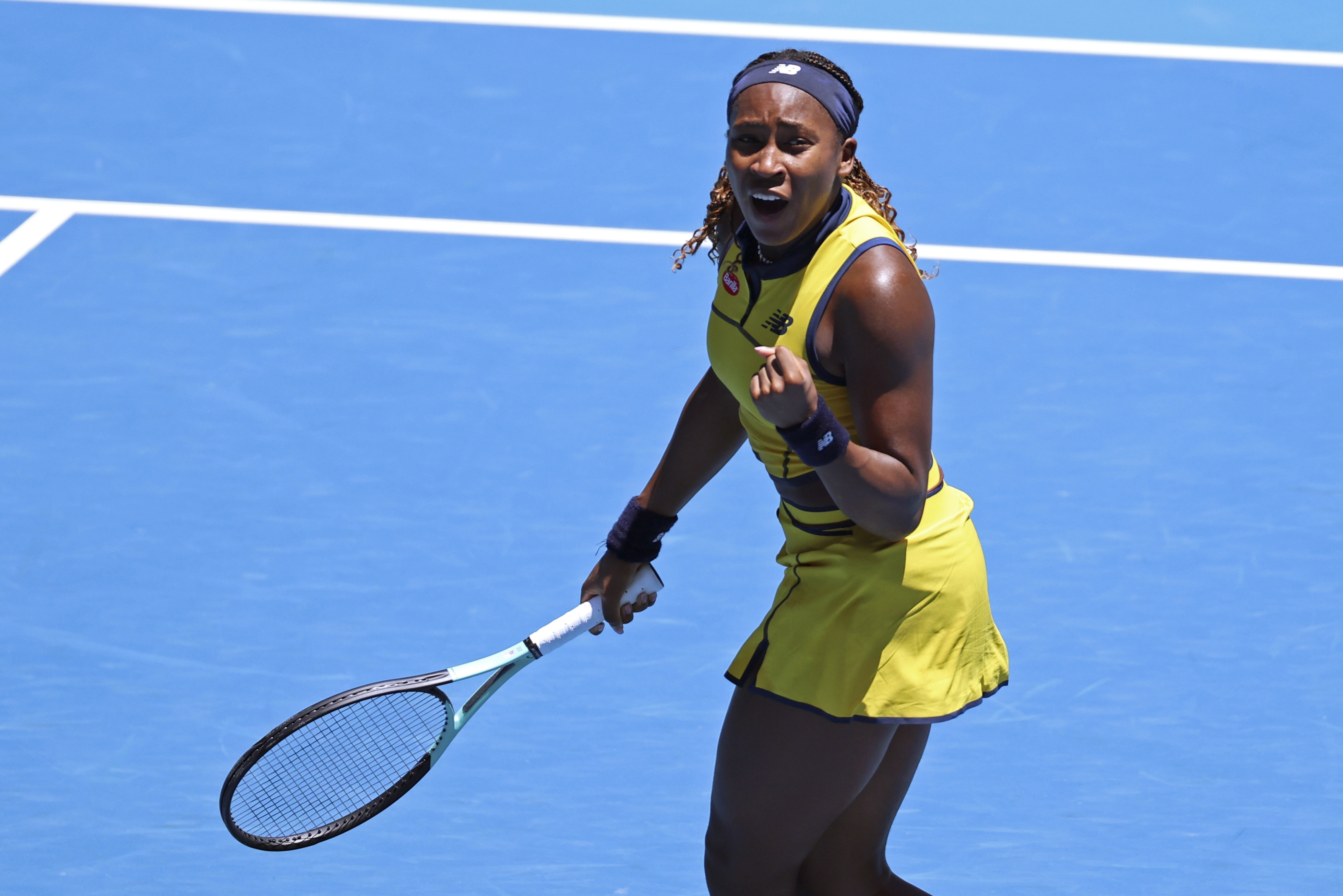 Coco Gauff celebrates her first-round win