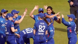 England’s Mahika Gaur celebrates a wicket against Sri Lanka (Owen Humphreys/PA).