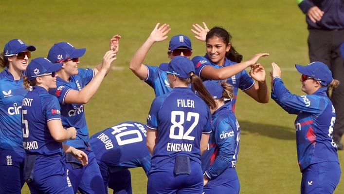 England’s Mahika Gaur celebrates a wicket against Sri Lanka (Owen Humphreys/PA).
