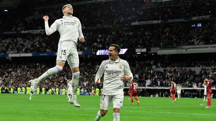 Federico Valverde (L) celebrates scoring for Real Madrid against Sevilla