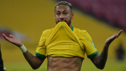 Brazil's Neymar celebrates after scoring against Peru during the South American qualification football match