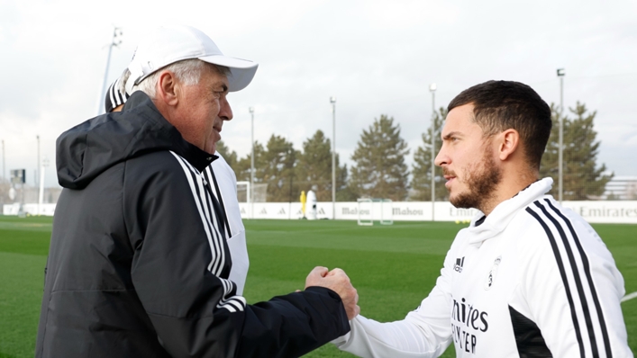 Carlo Ancelotti and Eden Hazard pictured during a Real Madrid training session
