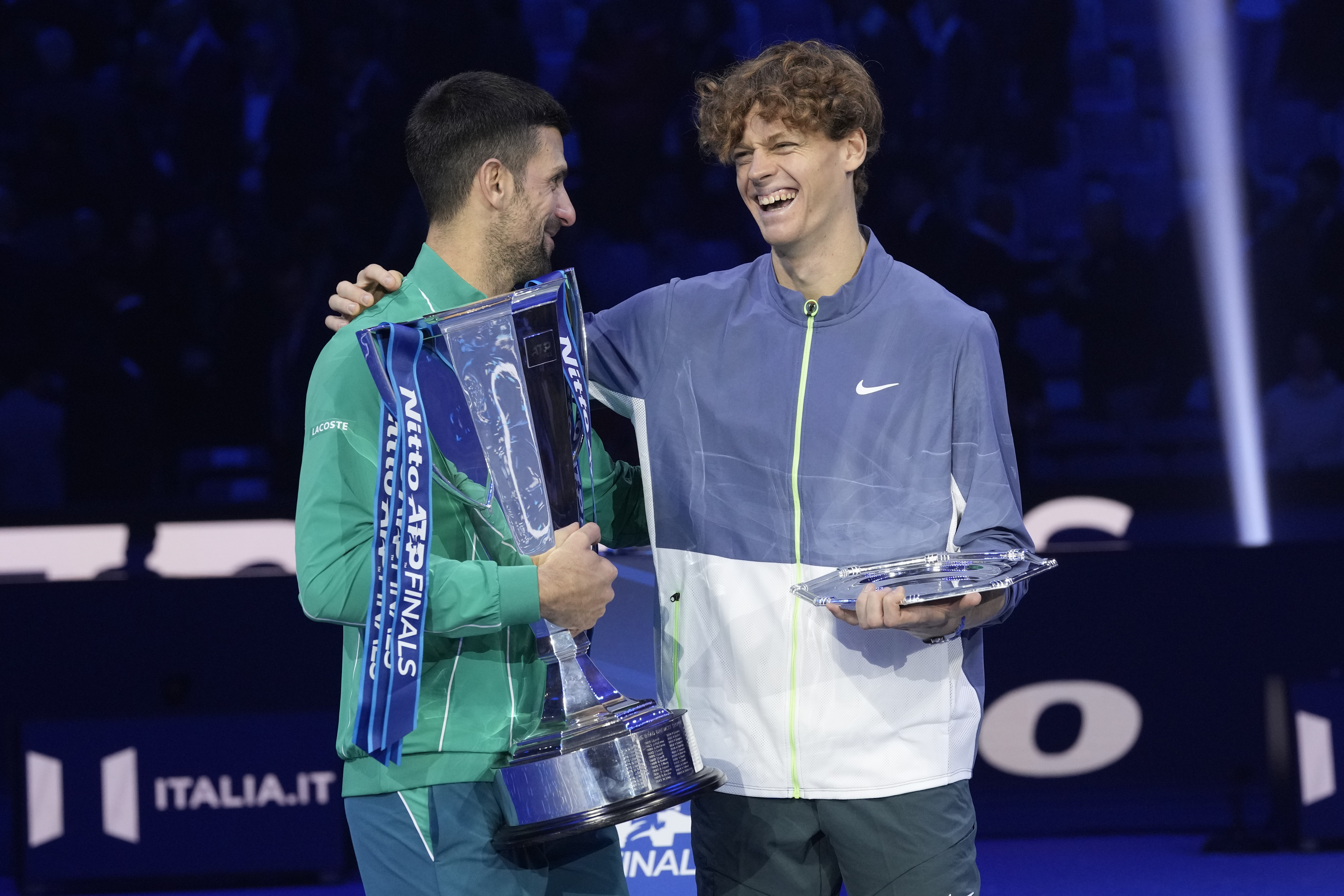 Novak Djokovic,, left, beat Jannik Sinner to the ATP Finals title last weekend