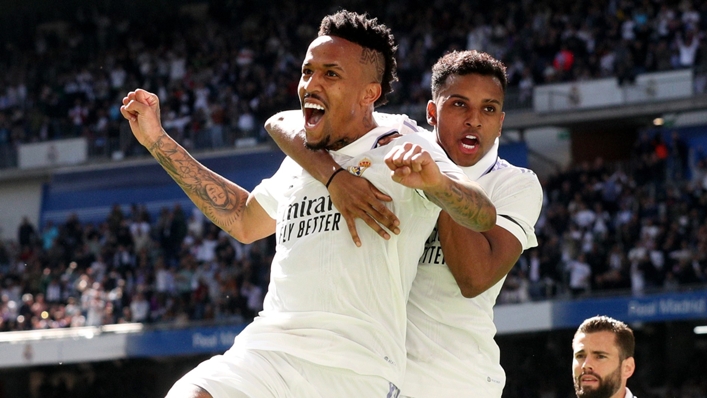 Eder Militao celebrates with Rodrygo after scoring against Espanyol