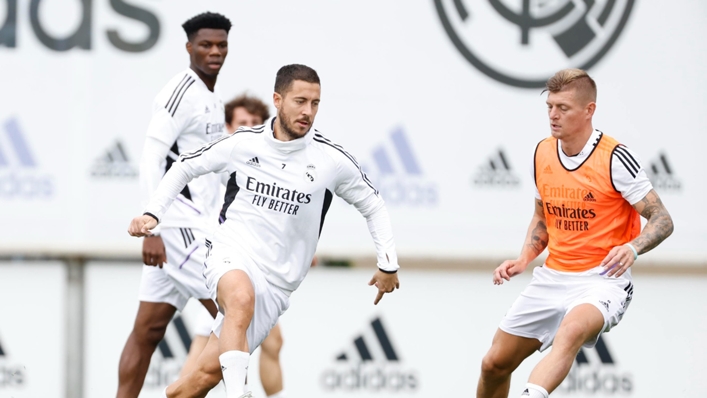 Real Madrid pair Eden Hazard and Toni Kroos in training