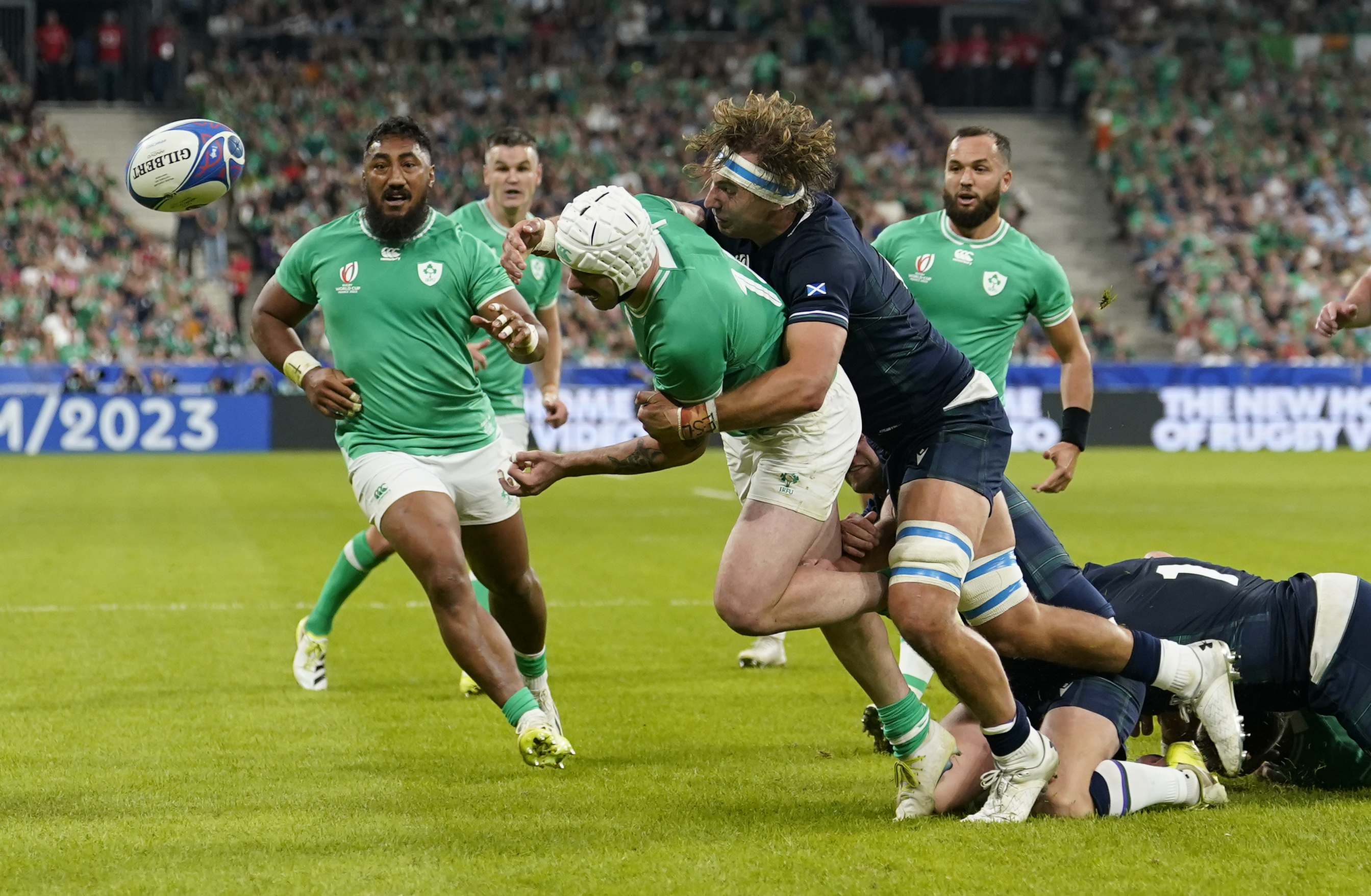 Mack Hansen, white scrum cap, is an injury doubt for the World cup quarter-final with New Zealand