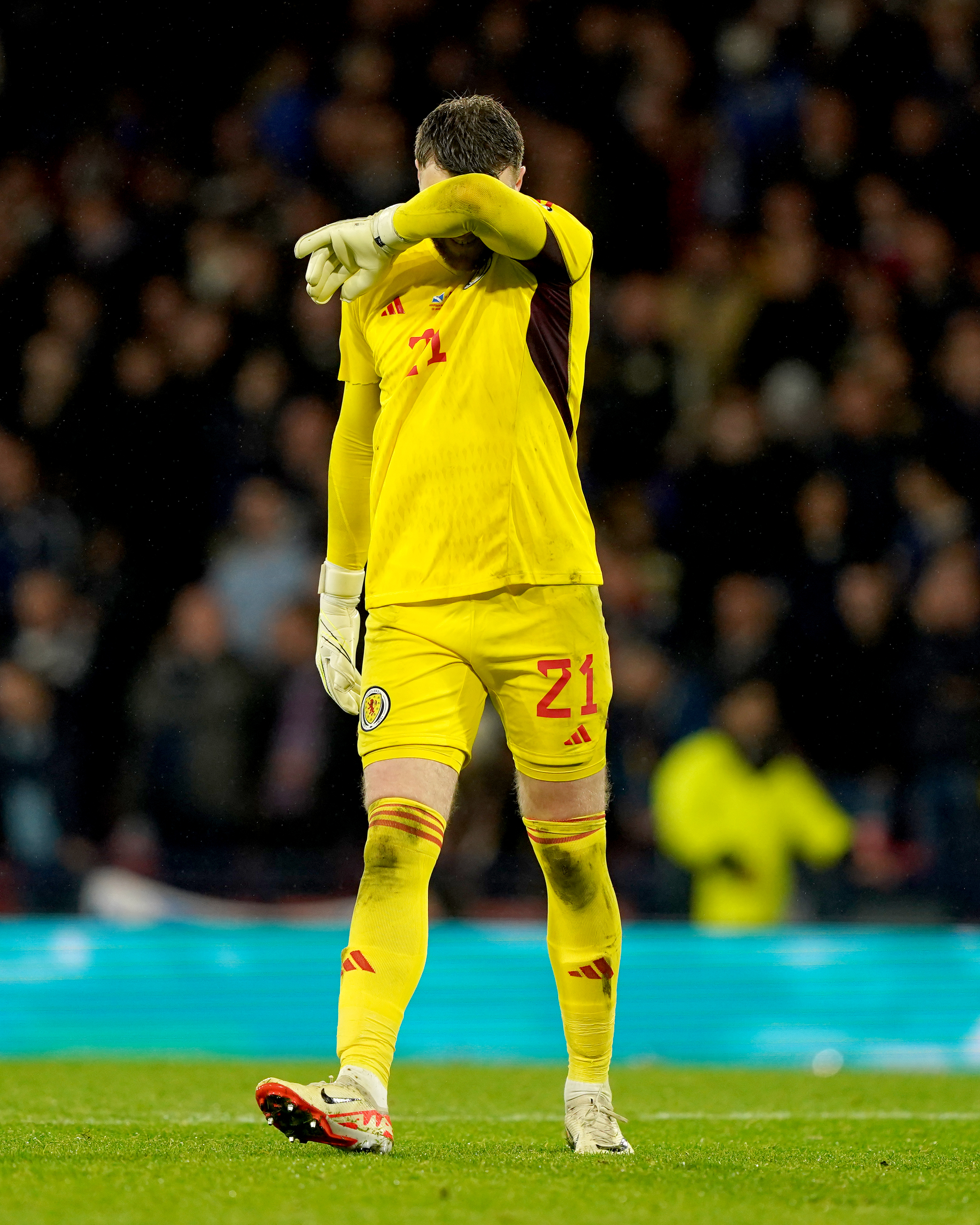 Scotland’s Zander Clark reacts after conceding