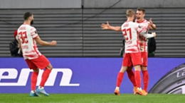 RB Leipzig players celebrate after David Zappacosta's own-goal for Atalanta on Thursday.