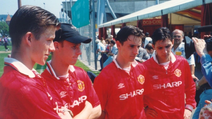 David Beckham, left, pictured at the Blue Stars/FIFA Youth Cup alongside Manchester United team-mates Nicky Butt. Gary Neville and Chris Casper (Handout from FIFA/PA)