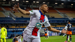 Kylian Mbappe celebrates his opening goal in the Coupe de France semi-final with Montpellier