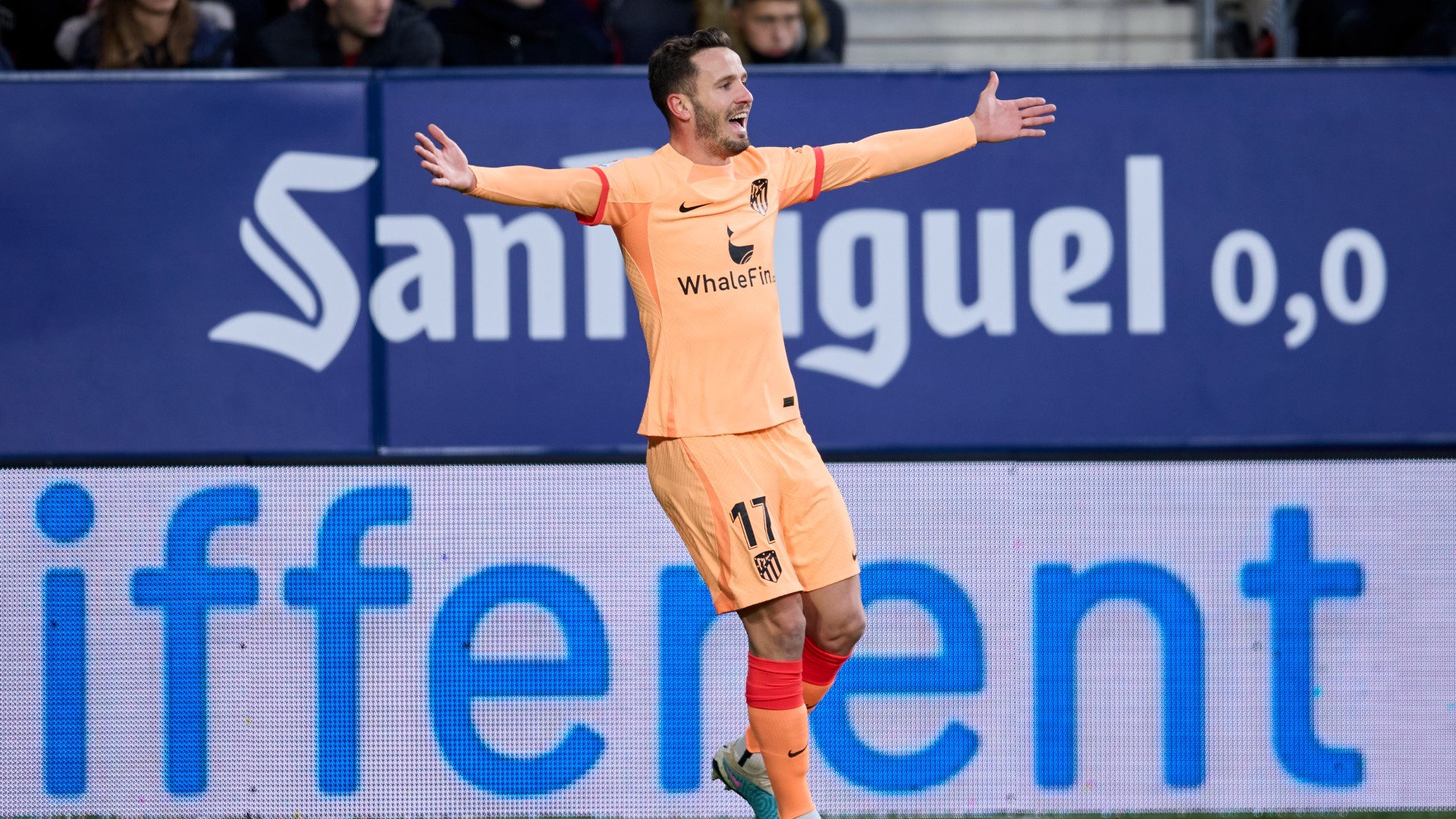 Saul Niguez celebrates his second-half strike for Atletico Madrid at Osasuna on Sunday