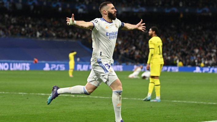 Real Madrid's Karim Benzema celebrates his goal against Chelsea