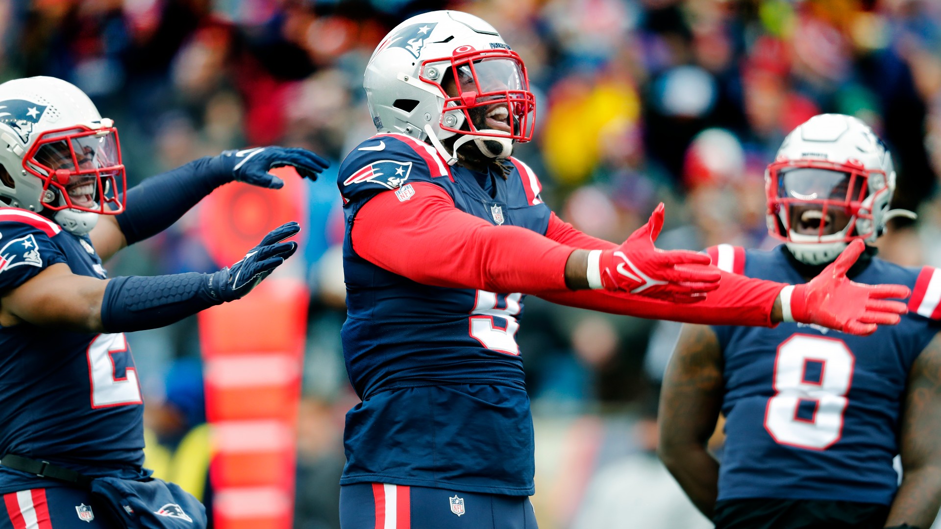 Matthew Judon celebrates a sack in the Patriots' win over the Titans