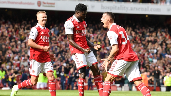 Granit Xhaka celebrates after scoring Arsenal's third goal against Tottenham